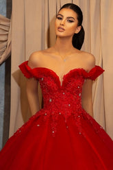 Red Off-the-shoulder Sleeveless Ball Gown Chiffon Floor-Length Prom Evening Dresses with Lace